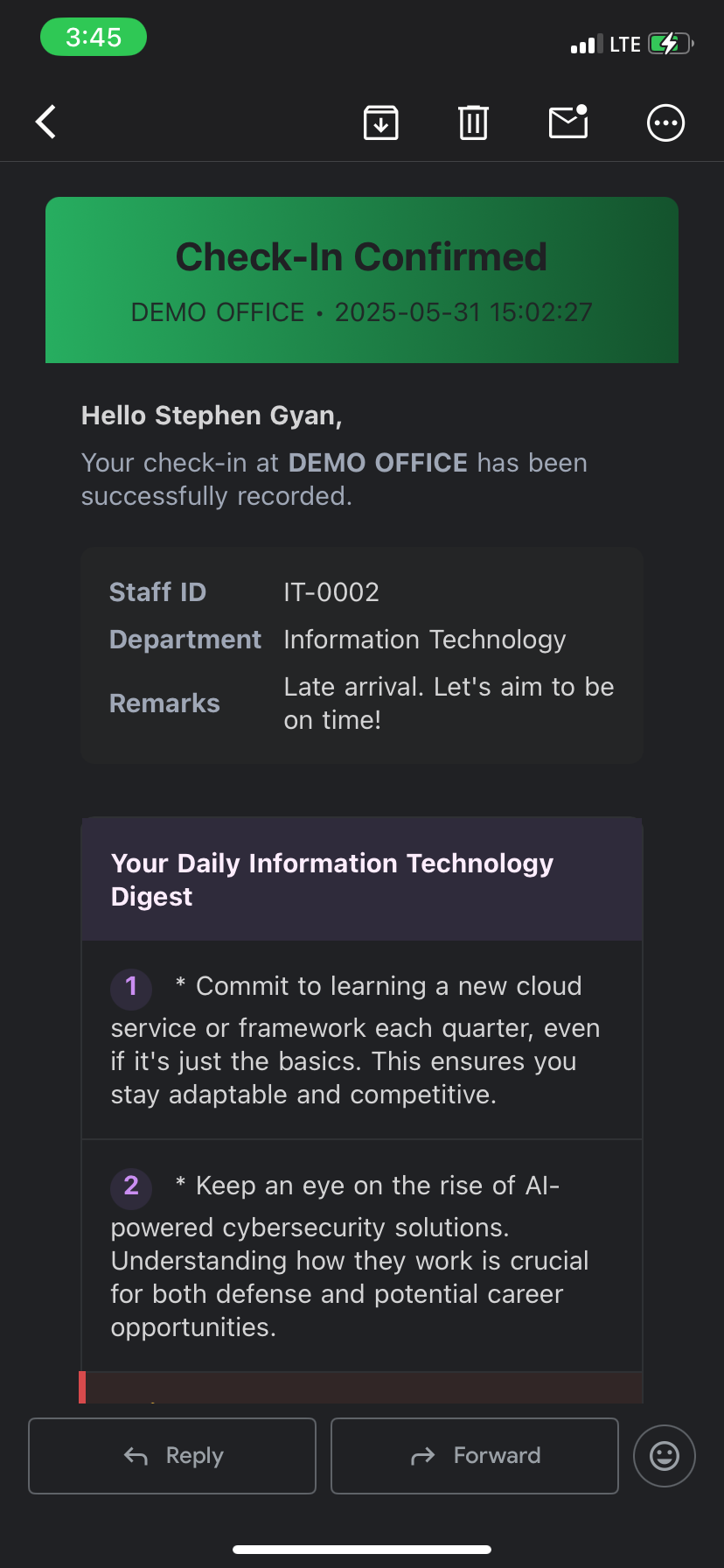 Staff portal check-in on mobile